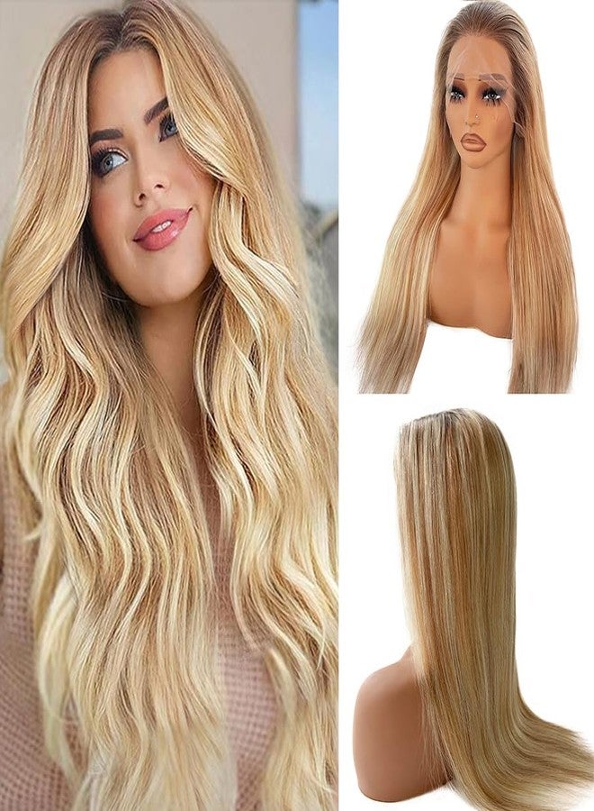 Smartinnov Balayage Blonde Human Hair with Light Brown Roots 24 Inch Ash Blonde to Platinum Blonde Human Hair Wigs 13x4 HD Transparent lace Front Wigs Pre Plucked Ombre Blonde Highlight Real Hair Wig for Women - Image 1