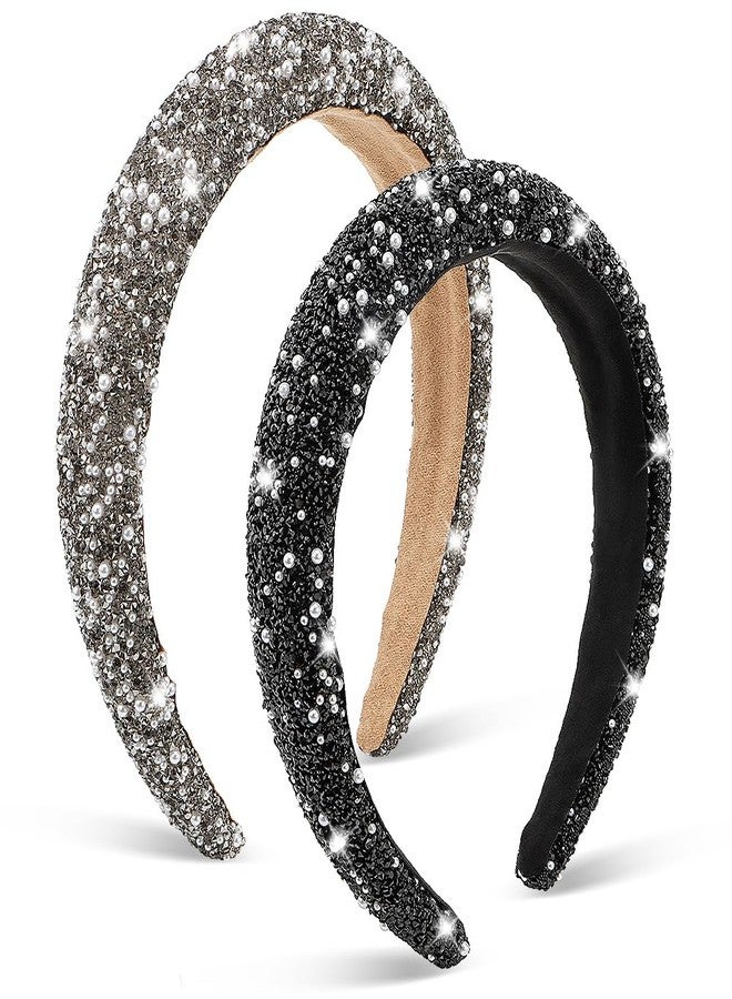 AHONEY 2 Pack Rhinestone Headband, Sequin Beaded Pearls Head Band Glitter Cute Headband Birthday Prom Hair Accessories For Women Girls (Black&Grey) - Image 5