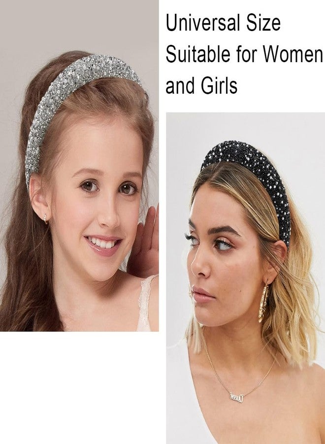 AHONEY 2 Pack Rhinestone Headband, Sequin Beaded Pearls Head Band Glitter Cute Headband Birthday Prom Hair Accessories For Women Girls (Black&Grey) - Image 4