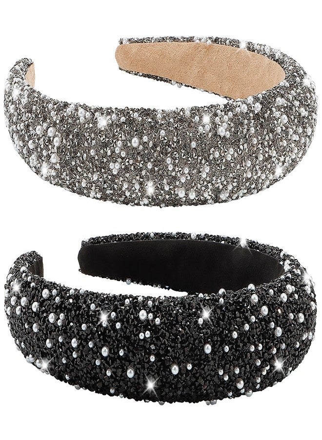 AHONEY 2 Pack Rhinestone Headband, Sequin Beaded Pearls Head Band Glitter Cute Headband Birthday Prom Hair Accessories For Women Girls (Black&Grey) - Image 1