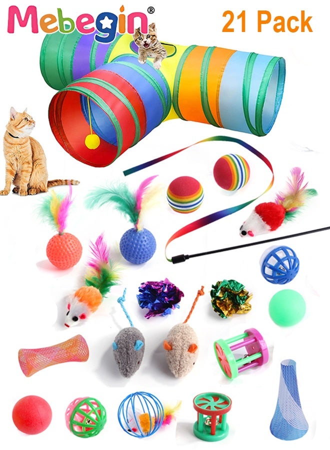 MEBEGIN 21PCS Cat Tunnel Set with Cat Teaser Stick, Cat Balls, Feather Toys and Other Cat toys, 3 Way Collapsible Cat Play Tunnel, Funny Interactive Cat Toys, Various Cat Enrichment Toys, Soft Safe Cat Toys(Random Color) - Image 1