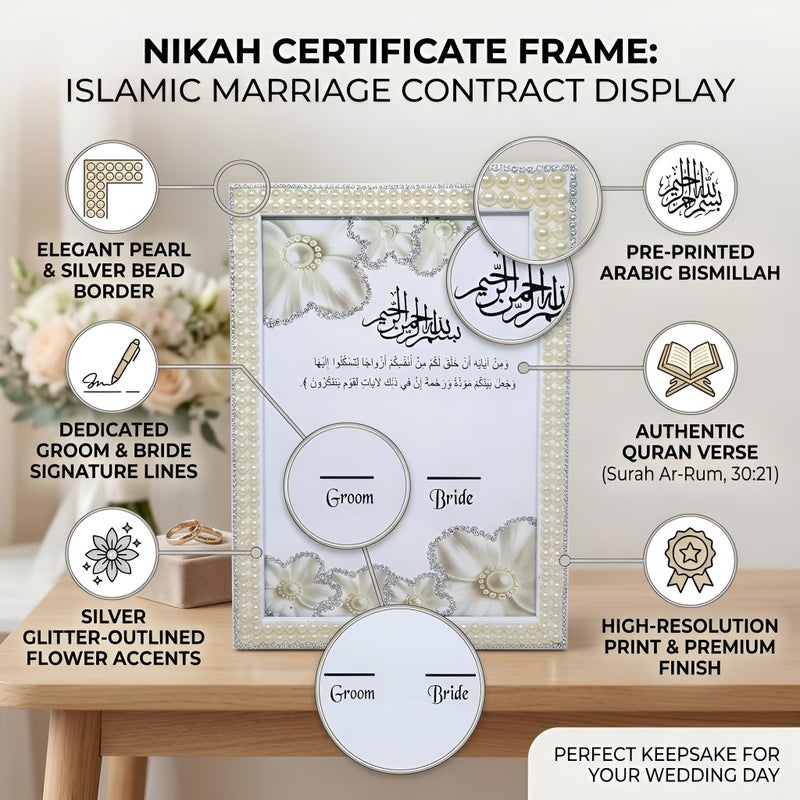 Nikah Certificate Frame with Quran Verse Silver Glitter، Silver And White - Image 3