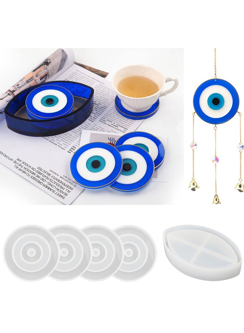 SYOSI Coaster Resin Mold, 4Pcs Evil Eye Silicone Molds DIY Epoxy Mold for Coasters Resin Casting, Coaster Resin Molds with Coaster Stand Storage Box Molds for Gift, Home Decoration - Image 1