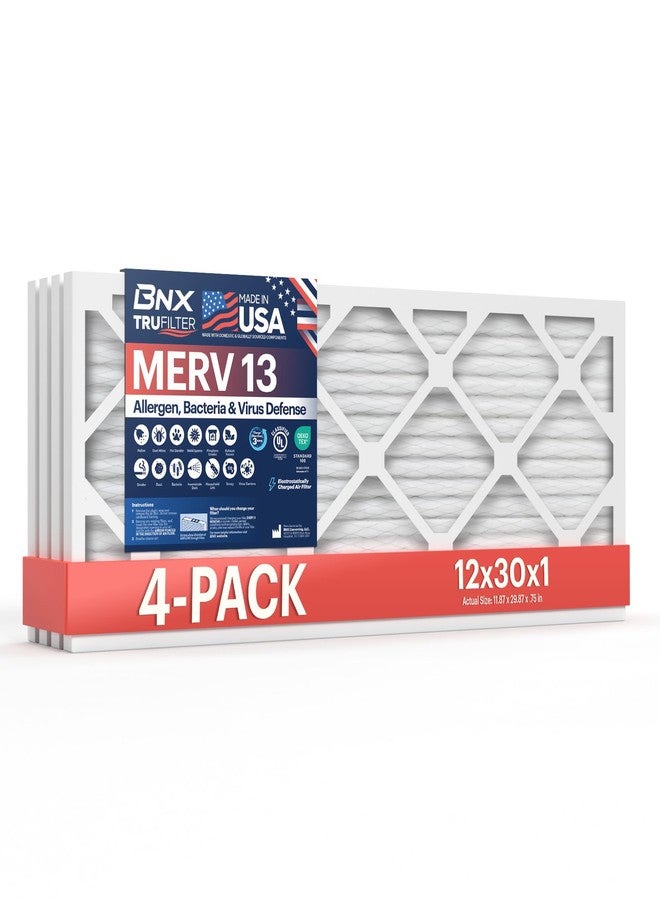 BNX TruFilter 12x30x1 Air Filter MERV 13 (4-Pack) - MADE IN USA - Electrostatic Pleated Air Conditioner HVAC AC Furnace Filters for Allergies, Pollen, Mold, Bacteria, Smoke, Allergen, MPR 1900 FPR 10 - Image 1