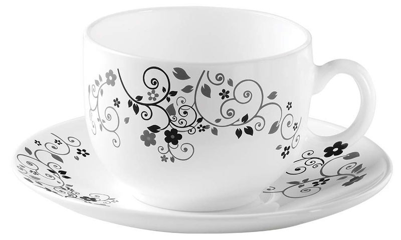 LVOOK Mystrio Black Flourish Design Oplaware Tea Cup and Saucer Set Series for Home Office Hottel Pack of 6 White