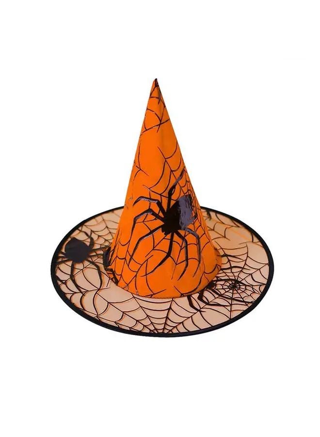 Orange Witch Hat With Spider Web Design For Halloween Party Adult Costume - Image 1