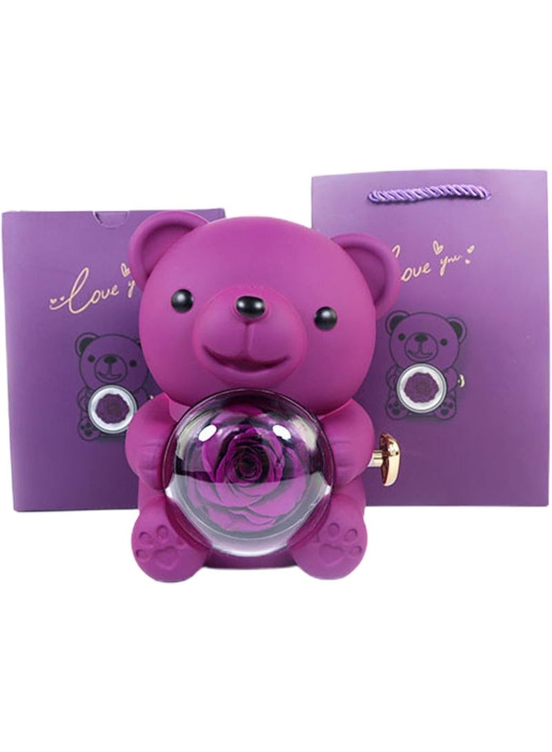قلادة قلب محفورة مع علبة هدايا على شكل دب وردي، هدايا دببة عناق محفوظة للنساء، علبة مجوهرات دوارة، هدية زهور أبدية (أرجوانية) - Image 1