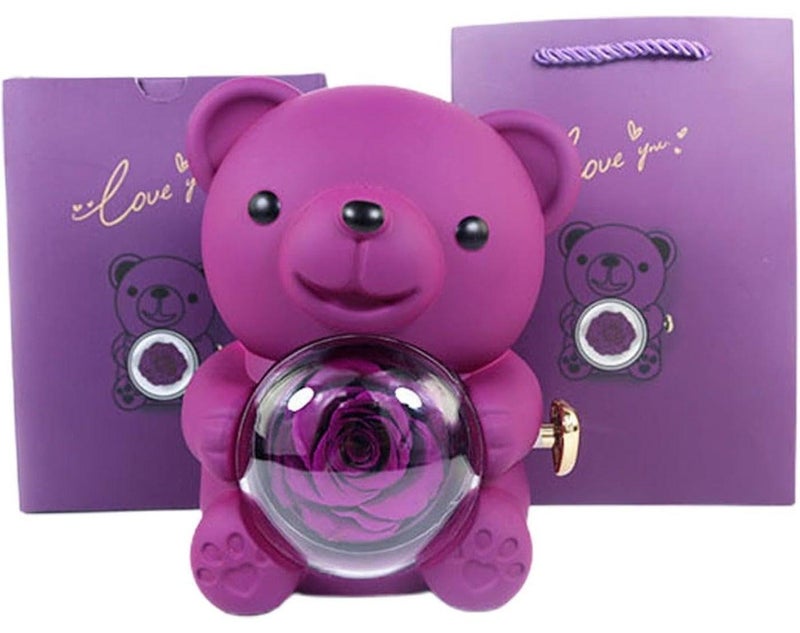 قلادة قلب محفورة مع علبة هدايا على شكل دب وردي، هدايا دببة عناق محفوظة للنساء، علبة مجوهرات دوارة، هدية زهور أبدية (أرجوانية) - Image 1