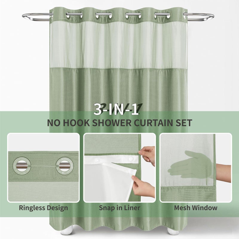 eachope No Hook Waffle Weave Shower Curtain with Snap-in Fabric Liner Set,Sage Green Shower Curtains for Bathroom with See Through Top Window,Water Repellent & Washable,71Wx74H - Image 2