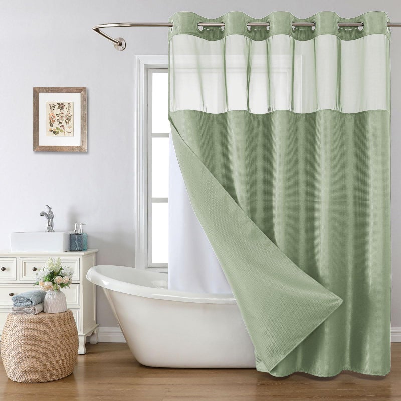 eachope No Hook Waffle Weave Shower Curtain with Snap-in Fabric Liner Set,Sage Green Shower Curtains for Bathroom with See Through Top Window,Water Repellent & Washable,71Wx74H - Image 1