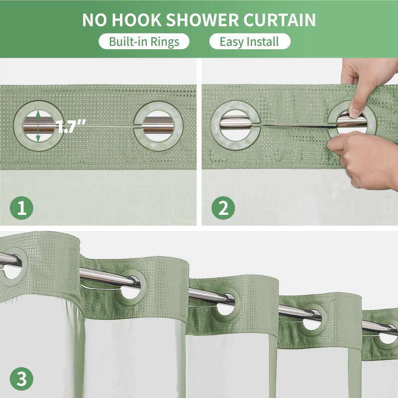 eachope No Hook Waffle Weave Shower Curtain with Snap-in Fabric Liner Set,Sage Green Shower Curtains for Bathroom with See Through Top Window,Water Repellent & Washable,71Wx74H - Image 4