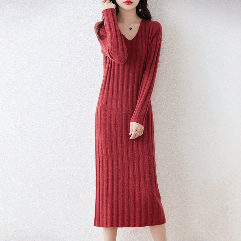 Autumn and Winter V-Neck 100 Pure Wool dress Womens Slim-fit Slimming Knee Sweater Long Skirt Matching Coat Knitted Base Skirt dark camel - Image 4
