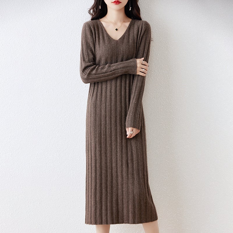 Autumn and Winter V-Neck 100 Pure Wool dress Womens Slim-fit Slimming Knee Sweater Long Skirt Matching Coat Knitted Base Skirt dark camel - Image 3