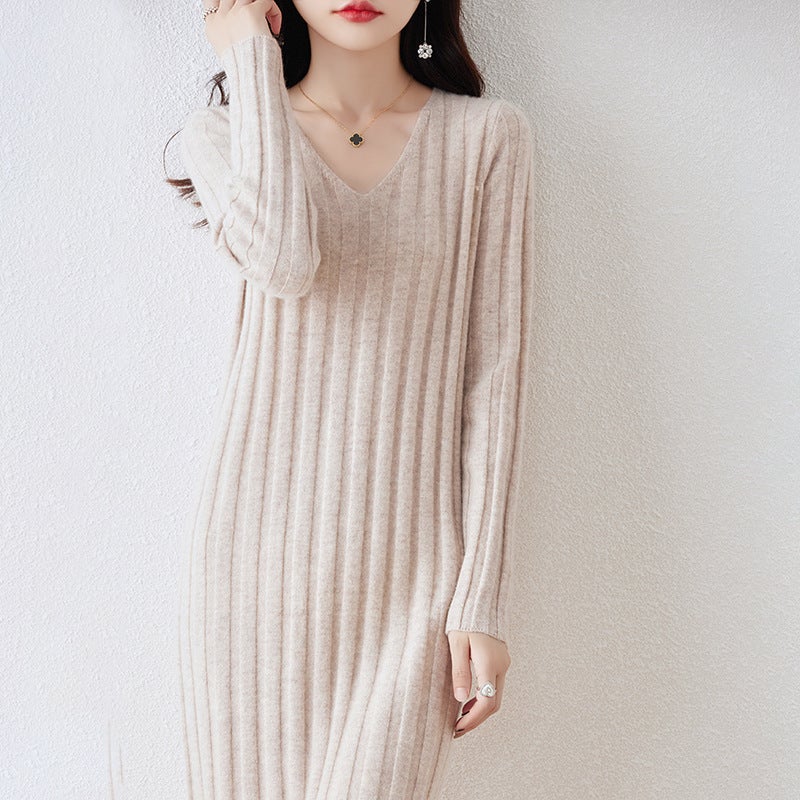 Autumn and Winter V-Neck 100 Pure Wool dress Womens Slim-fit Slimming Knee Sweater Long Skirt Matching Coat Knitted Base Skirt dark camel - Image 2