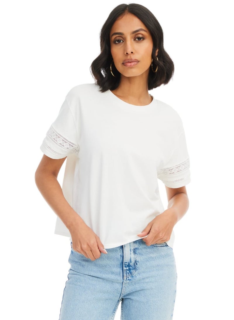 Women’s Iris Cotton Cropped Tee – Scoop Neck, Boxy Fit, Crochet Hem Sleeve  - Image 1