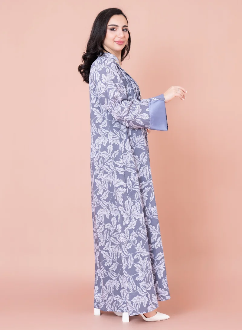 IKKXA Embroidered Leaf Print Jalabiya IN1031 Grey