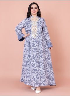 اكسا جلابية نقوش اوراق شجر مطرزة IN1031 رمادي  - Image 1