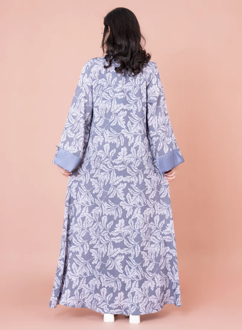 IKKXA Embroidered Leaf Print Jalabiya IN1031 Grey