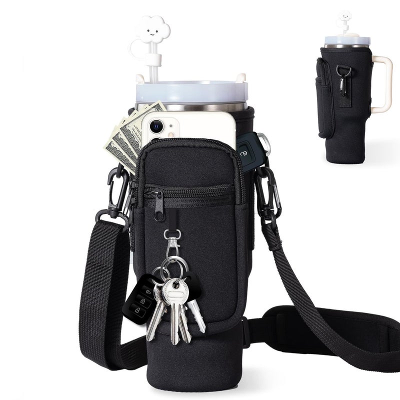 Diving material ice cup set custom stanley slung kettle bag Stanley 40oz thermos cup bag protective cover Black (keychain + carabiner * 1) 