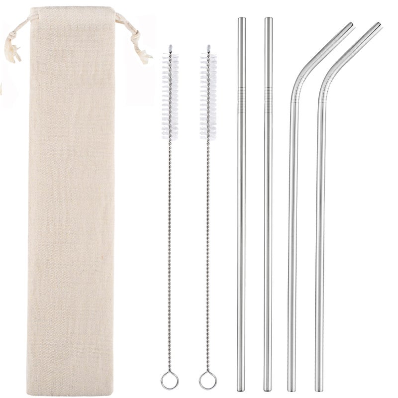 Set of 4 Reusable Metal Straws Long Stainless Steel Straw with Cleaning Brushes and Case Drinking for 30 oz and 20 oz Tumblers