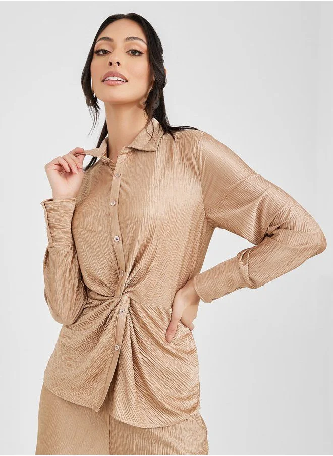 ستايلي Front Twist Crinkled Pleated Shirt