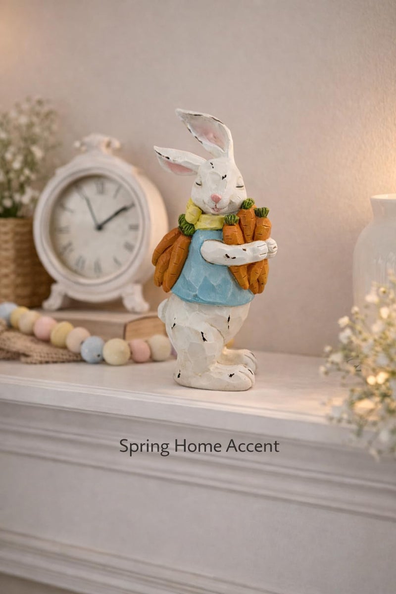 GoGnome Easter Decorations Bunny Resin Figurine with Carrots â€“ 9.3'' Hand-Painted Rabbit Outdoor Statue, Spring Farmhouse Garden Decor for Easter, Mantel, Shelf, or Gift (White/Blue/Orange) - Image 5