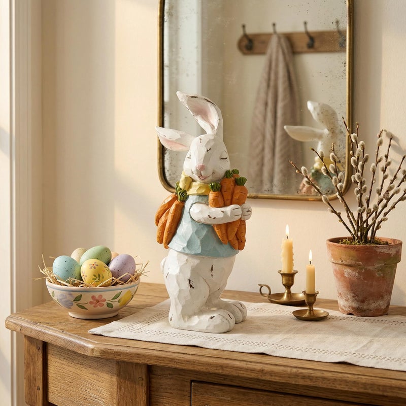 GoGnome Easter Decorations Bunny Resin Figurine with Carrots â€“ 9.3'' Hand-Painted Rabbit Outdoor Statue, Spring Farmhouse Garden Decor for Easter, Mantel, Shelf, or Gift (White/Blue/Orange) - Image 3
