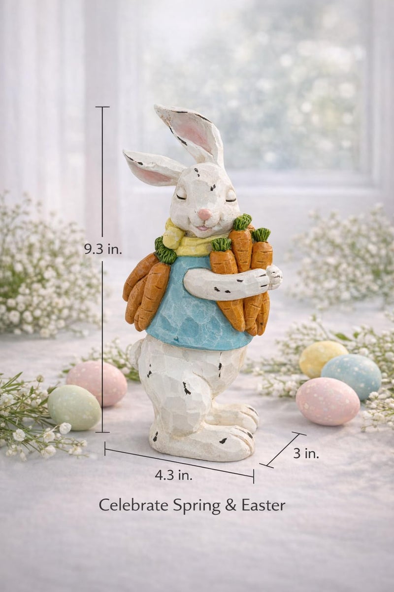 GoGnome Easter Decorations Bunny Resin Figurine with Carrots â€“ 9.3'' Hand-Painted Rabbit Outdoor Statue, Spring Farmhouse Garden Decor for Easter, Mantel, Shelf, or Gift (White/Blue/Orange) - Image 4