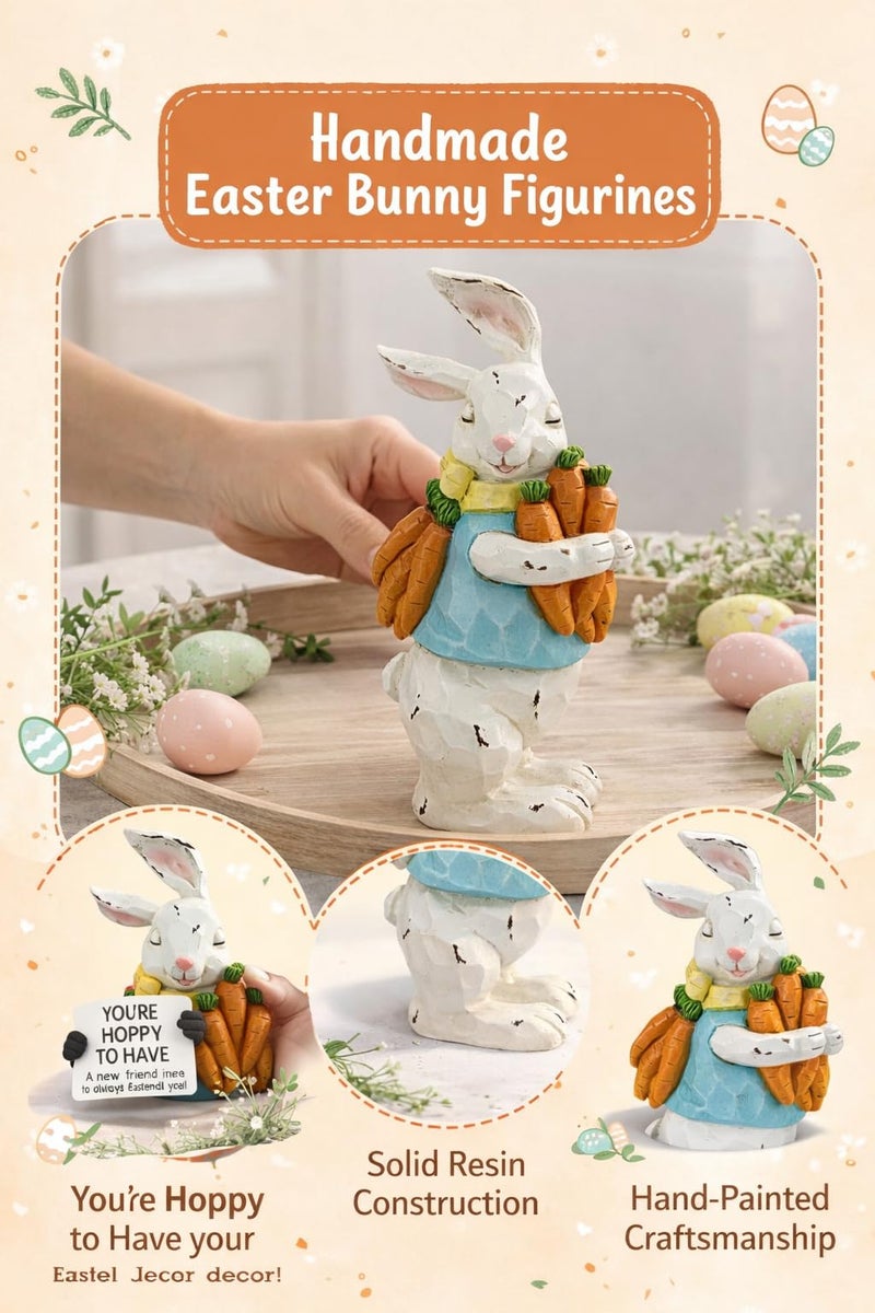 GoGnome Easter Decorations Bunny Resin Figurine with Carrots â€“ 9.3'' Hand-Painted Rabbit Outdoor Statue, Spring Farmhouse Garden Decor for Easter, Mantel, Shelf, or Gift (White/Blue/Orange) - Image 2