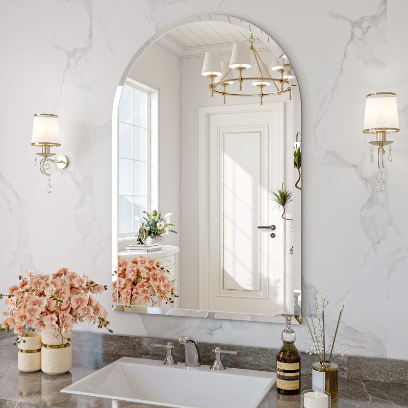 JIINGYO Frameless Bathroom Mirror, 20"x30" Arched Bathroom Vanity Mirrors for Beveled Edge, Arched Wall Mirror, Decorative Arch Mirrors for Bedroom, Entryway, Living Room - Image 1