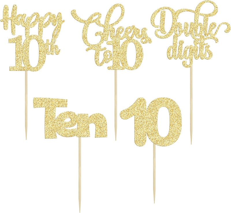 Ephlyn 30 قطعة من زينة الكب كيك لعيد الميلاد العاشر - لمسات ذهبية لعيد ميلاد سعيد 10 سنوات - Image 4