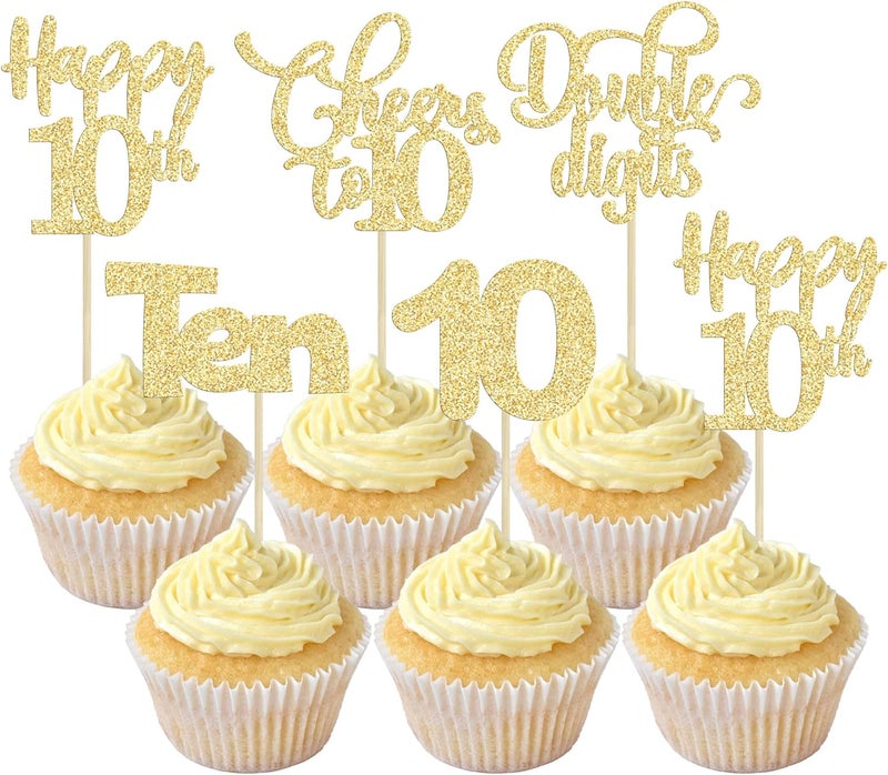 Ephlyn 30 قطعة من زينة الكب كيك لعيد الميلاد العاشر - لمسات ذهبية لعيد ميلاد سعيد 10 سنوات - Image 2