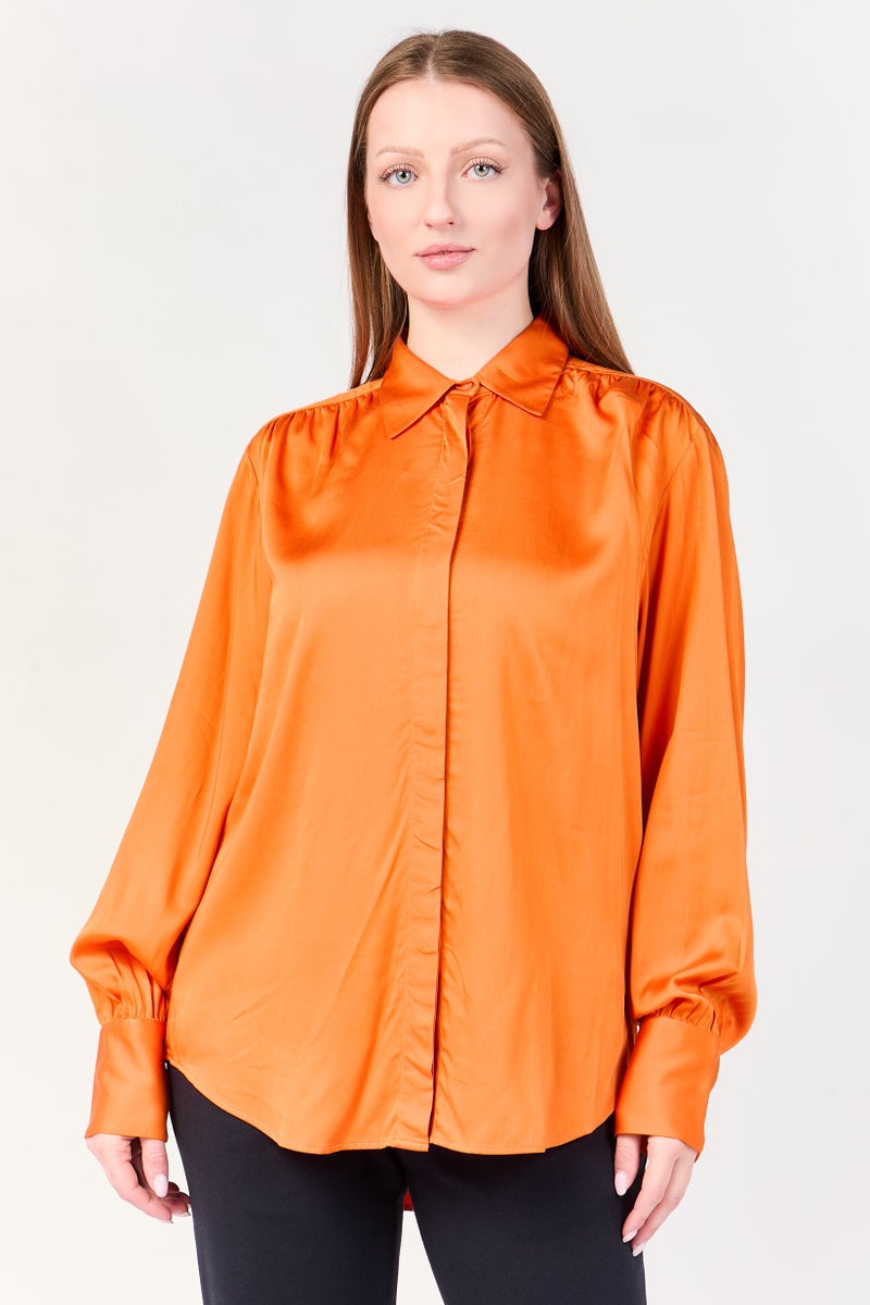 GANT Women Spread Collar Long Sleeve Plain Shirt, Orange - Image 1