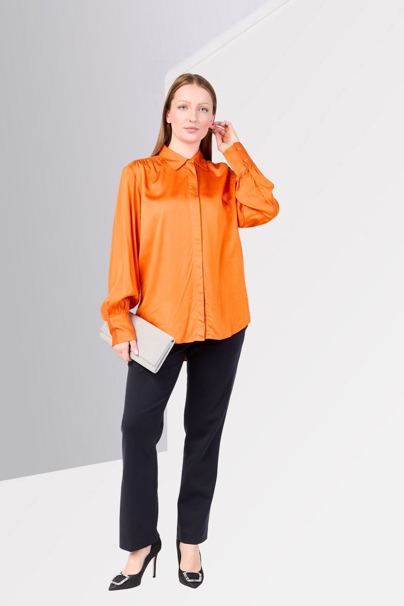 GANT Women Spread Collar Long Sleeve Plain Shirt, Orange - Image 2