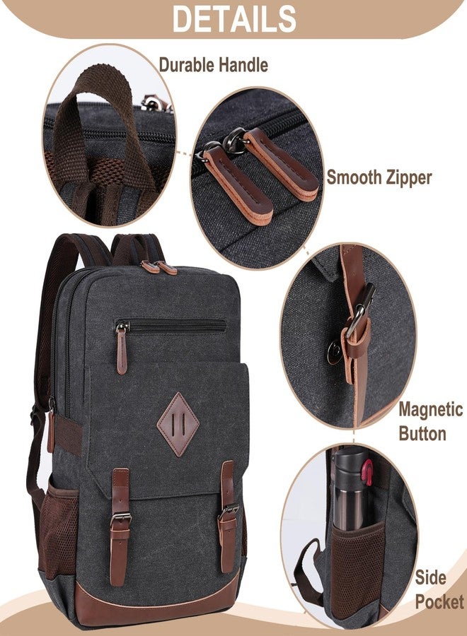 CROCOD Canvas Vintage Laptop Backpack for Women Men, College Bookbag Fits 15.6 Inch Laptop (Black-Upgrade) - Image 4