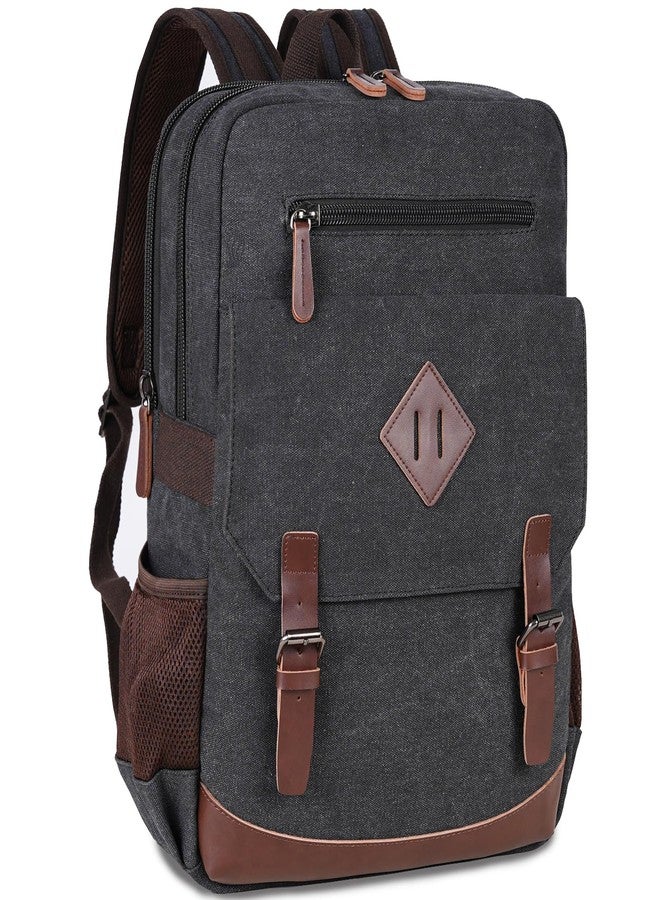 CROCOD Canvas Vintage Laptop Backpack for Women Men, College Bookbag Fits 15.6 Inch Laptop (Black-Upgrade) - Image 1