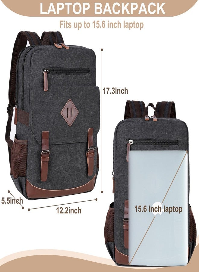 CROCOD Canvas Vintage Laptop Backpack for Women Men, College Bookbag Fits 15.6 Inch Laptop (Black-Upgrade) - Image 2