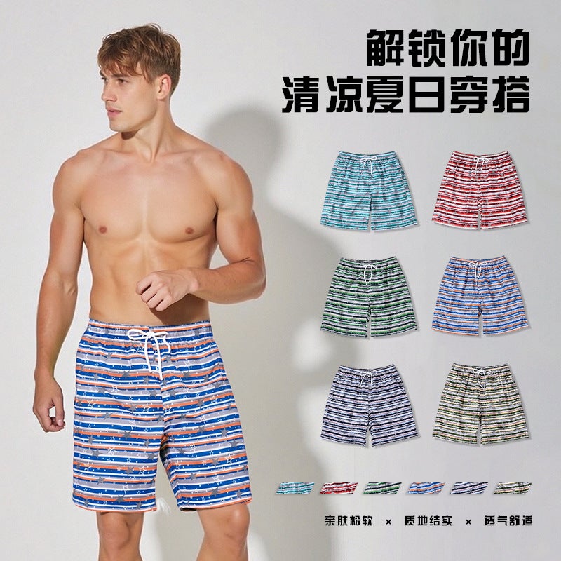 New Men''s Quarter-Striped Quick-Drying Swimming Trunks with Lace-Up Lining, Loose Casual Men''s Shorts, Size Beach Pants - Image 2