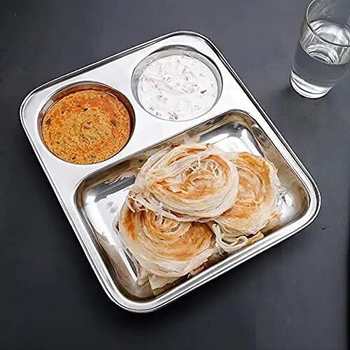 THW Stainless Steel Round 3 in 1 Partition Compartment Lunch Dinner Serving Plate, Bhojan thali nasta Plate- Pack of 6 Pieces - Image 4