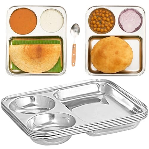 THW Stainless Steel Round 3 in 1 Partition Compartment Lunch Dinner Serving Plate, Bhojan thali nasta Plate- Pack of 6 Pieces - Image 1