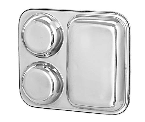 THW Stainless Steel Round 3 in 1 Partition Compartment Lunch Dinner Serving Plate, Bhojan thali nasta Plate- Pack of 6 Pieces - Image 3