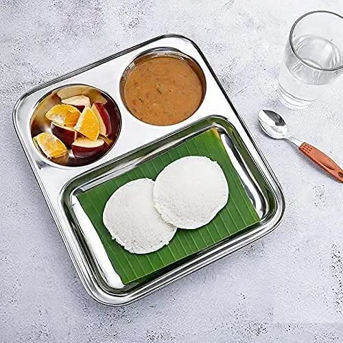 THW Stainless Steel Round 3 in 1 Partition Compartment Lunch Dinner Serving Plate, Bhojan thali nasta Plate- Pack of 6 Pieces - Image 5