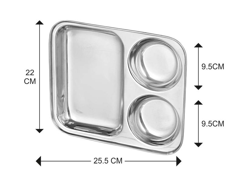 THW Stainless Steel Round 3 in 1 Partition Compartment Lunch Dinner Serving Plate, Bhojan thali nasta Plate- Pack of 6 Pieces - Image 2