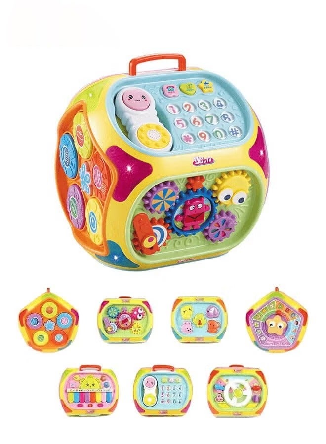 ريوليو 7 في 1 مكعب نشاط متعدد الوظائف للأطفال، مع طبل بأشكال للتصنيف، وبيانو، وهاتف للأطفال، مع أضواء وموسيقى، لعبة تعليمية مبكرة للأطفال الصغار - Image 1