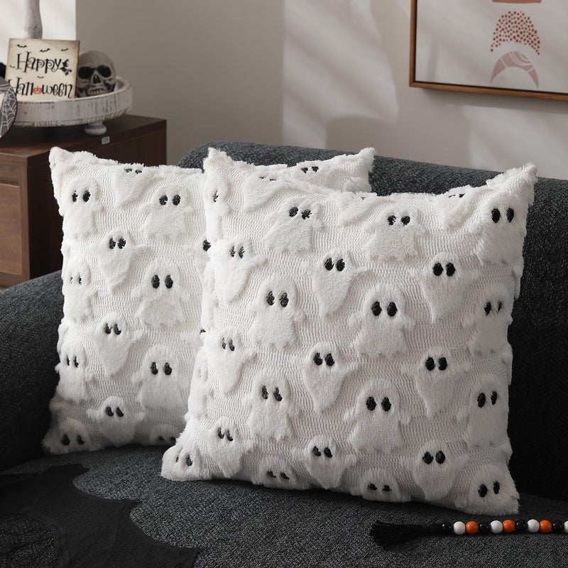 DFXSZ Halloween Pillow Covers 16x16 inch Set of 2 White Ghost Throw Pillow Cases Soft Plush Faux Fur Wool Couch Cushion Case for Chair Sofa Bedroom Living Room Home Decor PTK03A16