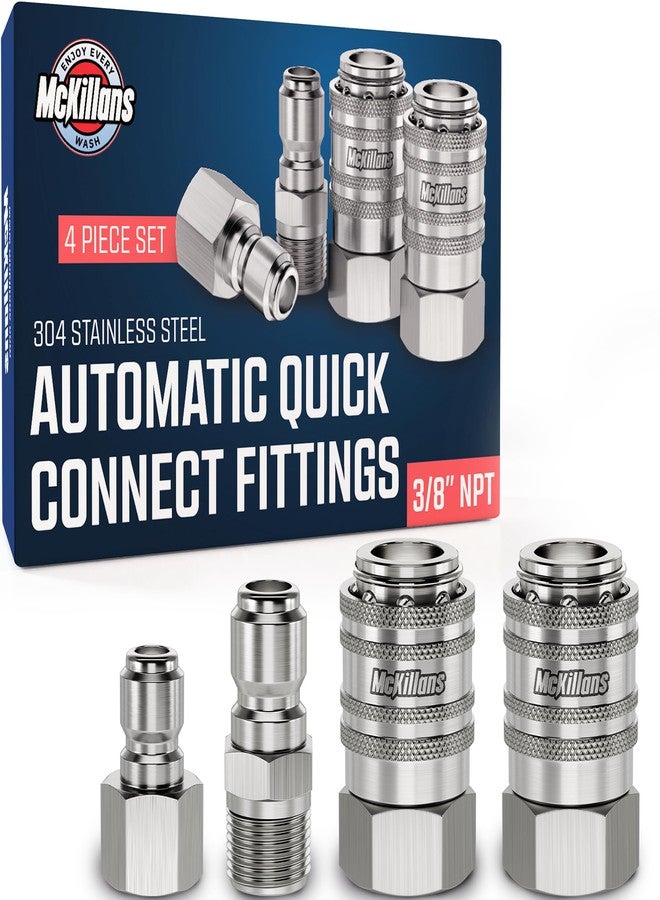 McKillans® 3/8" NPT Automatic Pressure Washer Quick Connect Kit of 4 - Stainless Steel - 3/8" Pressure Washer Quick Connect Fittings - Power Washer NPT 3/8" - PUSH-TO-CONNECT - Upgraded Viton O-Rings - Image 1