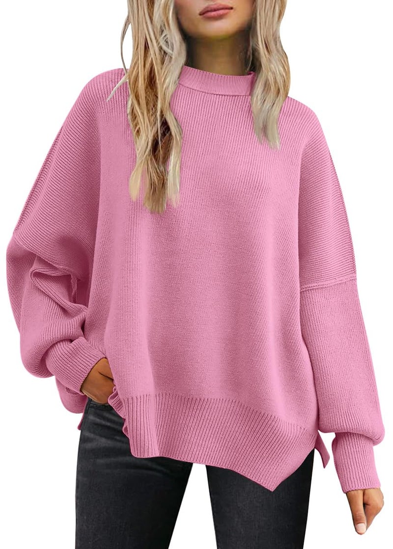 LILLUSORY Oversized Sweaters for Women 2025 Fall Fashion Outfits Trendy Crewneck Knit Cute Lightweight Sweater Pullover Tops Long Sleeve Shirts Winter Clothes LightPink S - Image 1