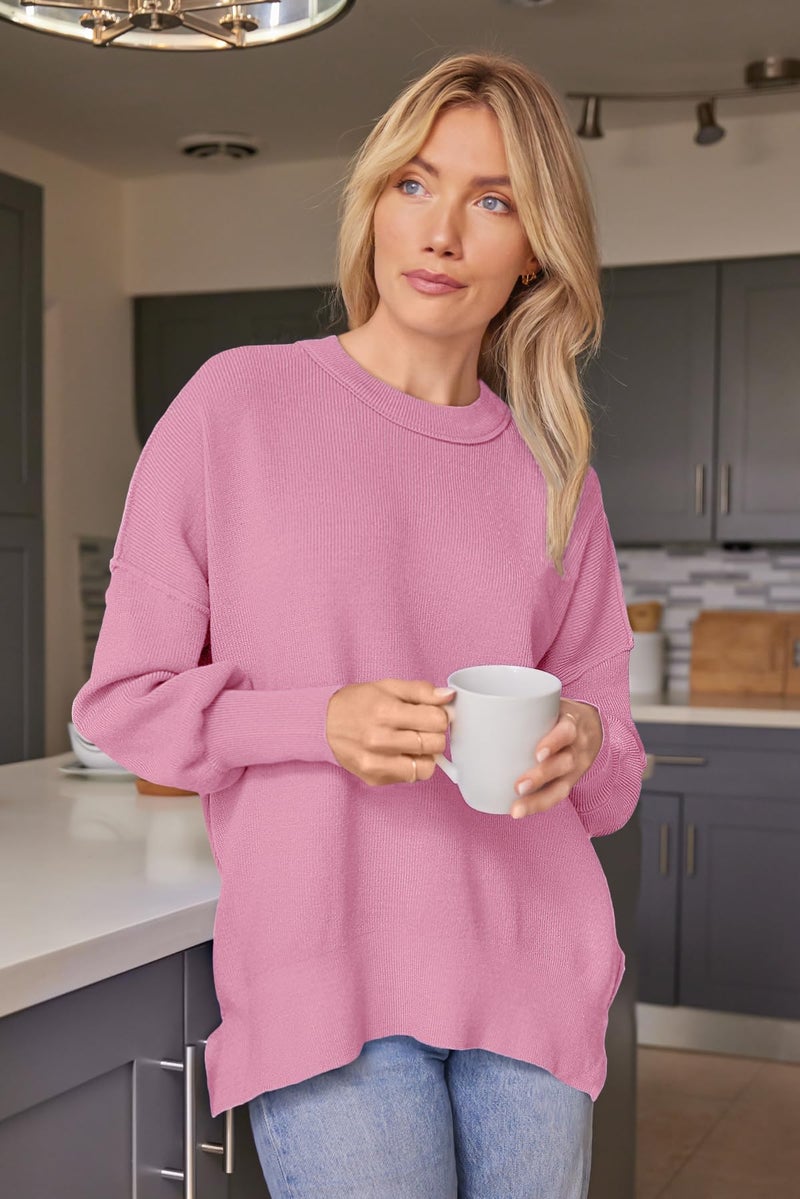 LILLUSORY Oversized Sweaters for Women 2025 Fall Fashion Outfits Trendy Crewneck Knit Cute Lightweight Sweater Pullover Tops Long Sleeve Shirts Winter Clothes LightPink S - Image 2