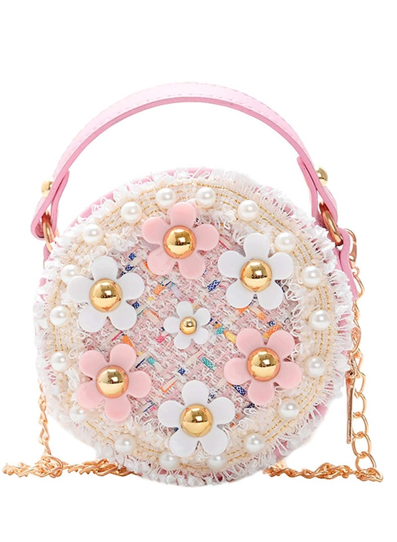 Little Girls Toddler Crossbody Purse with Pearl Flowers Mini Cute Princess Handbags Shoulder Chain Bag - Image 1