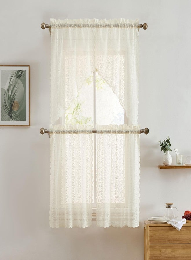 HLC.ME Sophia Floral Rod Pocket Lace Semi Sheer Voile Short Cafe Tiers for Small Windows - 28 x 36 Inch Length (Ivory Tiers, Set of 2) - Image 5